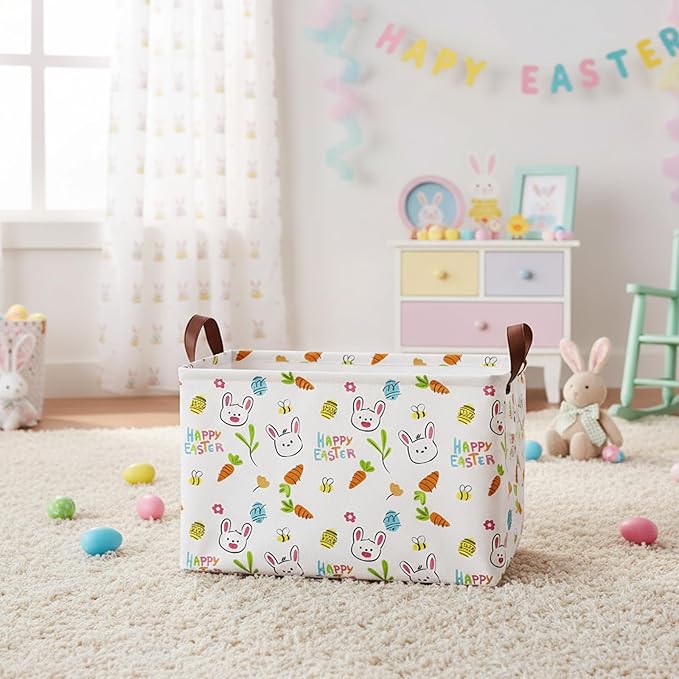 Large Rectangular Cute Kid Easter Basket Empty Bunny Eggs Easter Basket Gift Spring Room Storage Organizer Décor (E-12)