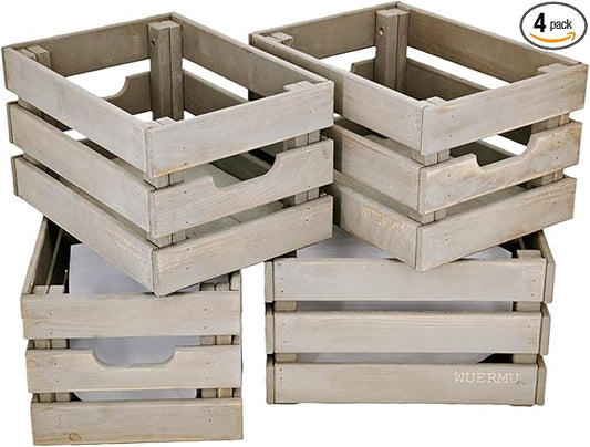 Gray Wooden Crates, Set of 4 Rustic Storage Boxes for Home Organization, Tool Box, Wine Carrier, and Camping Supplies, 12.2 Inches.