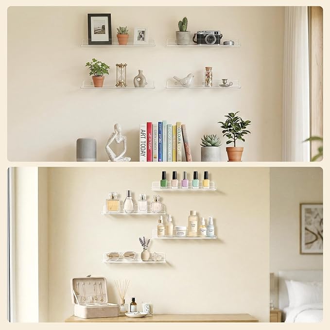 Lifewit Floating Shelves for Bathroom, 15" Acrylic Wall Organizer for Perfume, Makeup, Figures, Nail Polish, Photo, Book, Decor Display Rack for Nursery, Living Room, Bedroom, Kitchen, Clear, 2 Pack