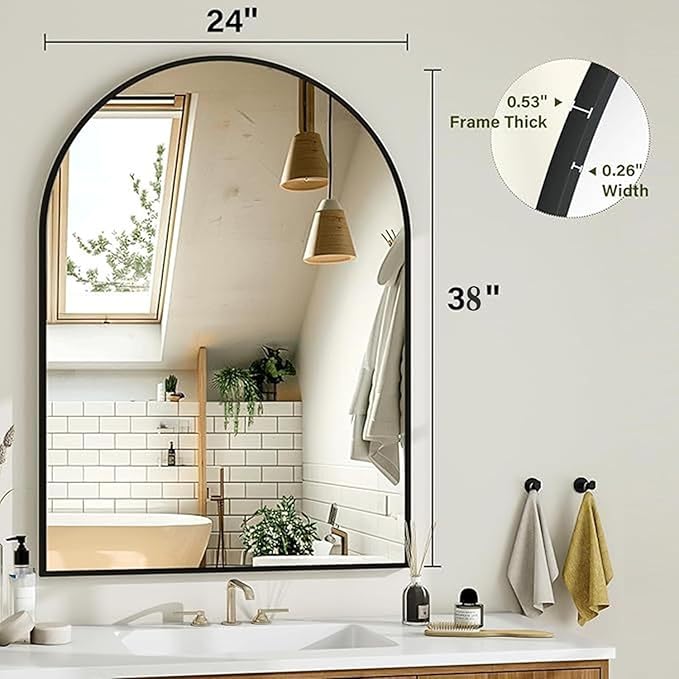 Rowjut Arched Wall Mirror 38"x24"Window Mirrors Decorative Wall & Iron Framed Bathroom Mirror, Arched Top Wall Mirror for Entryway. Living Room, Bedroom, Fireplace .（Black
