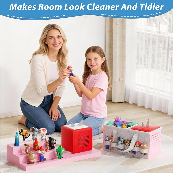 for Tonie Shelf Magnetic - Wooden Tonies Organizer with Carrying Bag, 3 Tiered Magnetic Display Shelf for Toniebox Holder, Wall Mount/Countertop Use Tonies Toy Storage for Kids Room/Playroom (Pink)