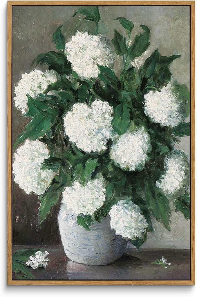 InSimSea Framed Canvas Prints Art Vintage Decor, Flower Wall Art Home Decor, White Hydrangea Paintings Large Prints, Botanical Floral Wall Decoration for Living Room Bathroom Office, 16"x24"