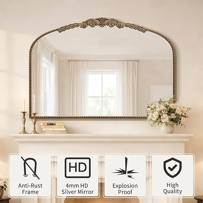 Besdomus Gold Large Fireplace Mirror: 48"x 33" Baroque Vintage Mirror - Traditional Ornate Antique Arched Mirrors for Bathroom/Wall/Vanity/Mantel/Bedroom/Entryway/Hallway - Home Decor for Living Room