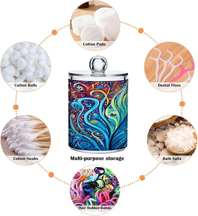 2 Pack Qtip Holder Dispenser for Cotton Ball Peacock Feathers Rainbow Feathers Blue Swab Round Pads Clear Plastic Acrylic Jar Set Bathroom Canister