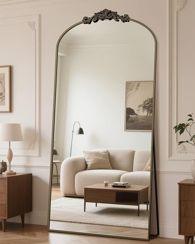 Antok Arched Full Length Mirror, 78"x38" Floor Mirror with Carved, Full Body Mirrors for HomeDecor, Standing/Halling Large Wall Mirror for Bedroom, Living Room, Cloakroom, Bronze, Retro Style