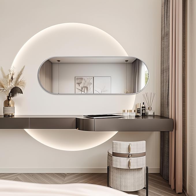 Niccy 48"×16" Oval Full Length Mirror, Long Oval Mirror with Unique Metal Frame Large Explosion-Proof Hanging Mirror for Living Room, Decorative Vanity Mirror for Bathroom, Bedroom, Silver