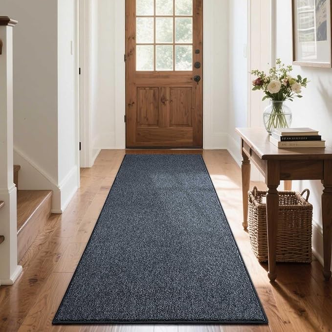 FinRèc 2x6 Washable Runner Rugs for Kitchen Hallway Bedroom, Low Pile Thin Rug Solid Color, Non-Slip Carpet Indoor for Home Decor (Navy Blue/White)