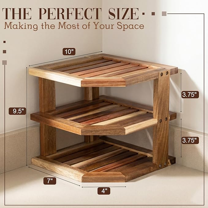 Mifoci 3 Tier Acacia Wood Corner Shelf Organizer for Kitchen Counter & Cabinet, Solid Wood Corner Rack Space Organizer for Plates, Dishes, Bowls, Cups, Pantry Storage, 9.5" x 10", Hardware Included