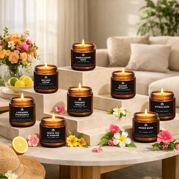 8 Pack Soy Wax Scented Candles Gift Set, Aromatherapy Candles with Lavender Chamomile, Citrus Sage, Caramel Vanilla, Coffee Whiskey, Long Lasting Stress Relief Candle, Unisex Home & Gift Set