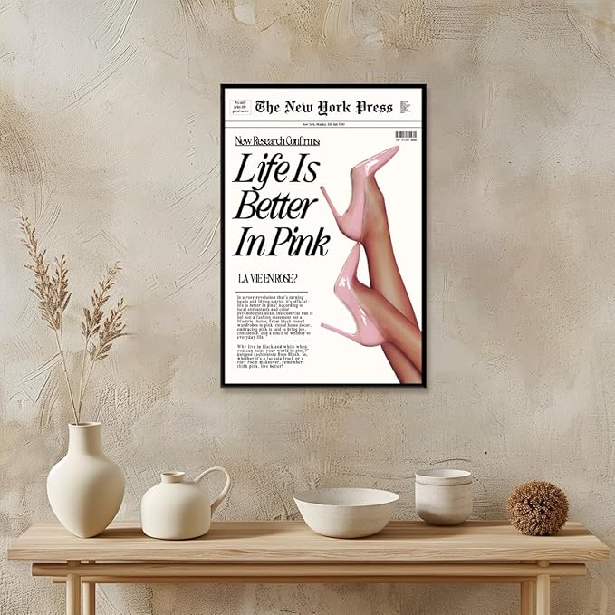 Trendy Baby Pink Poster 70s Canvas Prints The New York Press Wall Art Life Is Better in Pink Hot Girl Posters Preppy Aesthetic Decor Bedroom for Cool Girly Room Home Dorm 16x24inch black framed