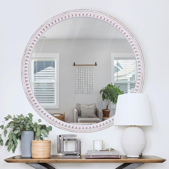 30 Inch Rustic Farmhouse Round Wood Wall Mirror, HD Decorative Circle Mirrors for Bathroom Over Sink, Entryway, Living Room& Bedroom