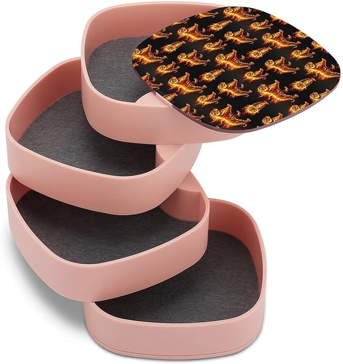 4-Layer Rotating Jewelry Box Mirror Necklace Ring Earring Storage Fire Flame Tiger Small Jewelry Organizer Box