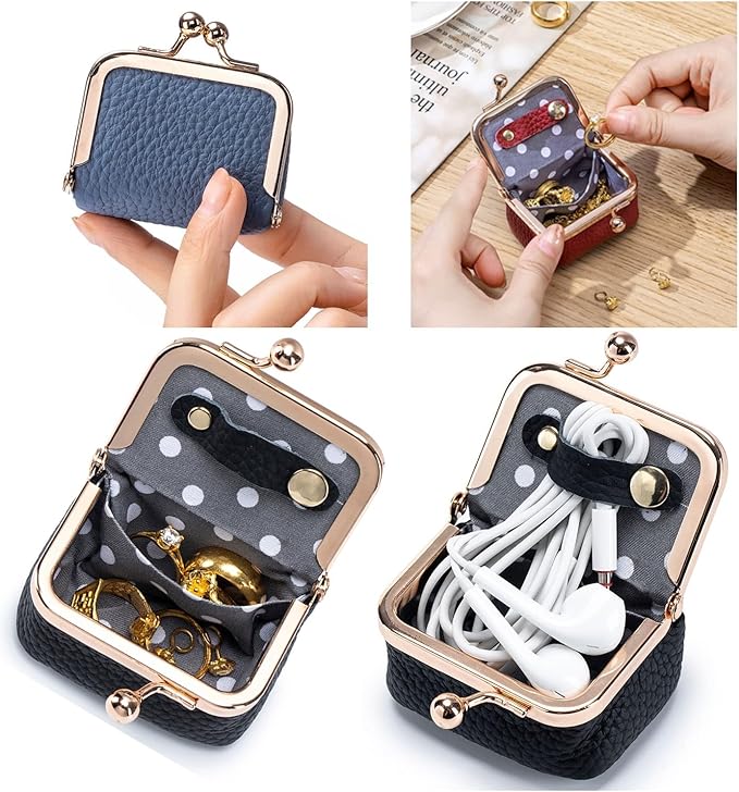 Genuine Leather Mini Jewelry Box for Women, Square Coin Purse with Kiss Lock, Jewelry Organizer Travel Case (Medium, Orange)