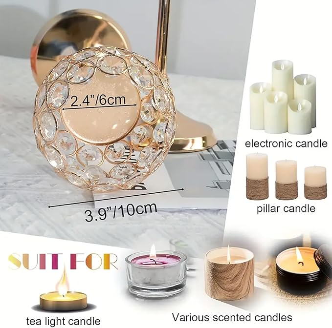VINCIGANT Gold Crystal Candle Holders Set of 2,Pillar Candlesticks for Table Centerpieces, Valentine's Day Home Decor Wedding Party Housewarming Gift