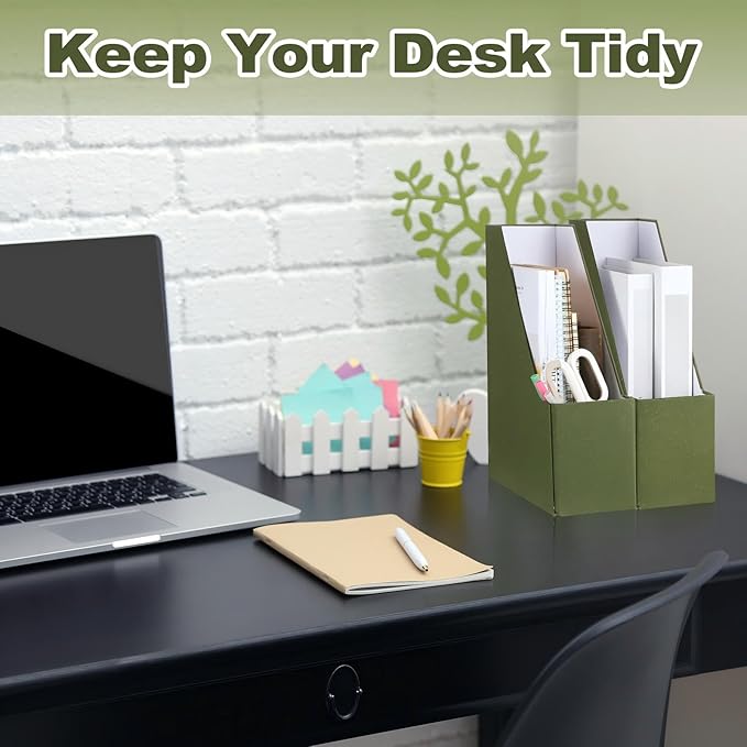 Gueevin Set of 6 Magazine File Holder Stylish Sturdy Cardboard File Boxes Desk Magazine Organizer Rack with Gold Label Holder to Organize Your Desk or Shelves for Home Classroom Office Library(Green)