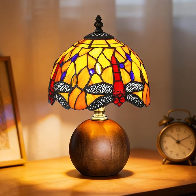 12.2" Tiffany Style Lamp, Handcrafted Dragonfly Stained Glass Table Lamp with Weighted Solid Wood Base, 3-Color Dimmable Bedside Nightstand Light for Bedroom & Living Room, LED Bulb Included