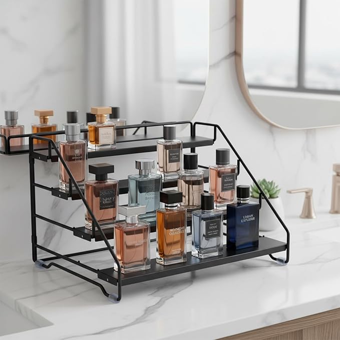 Cologne Organizer for Men, 4 Tier Perfume Stand, Metal Display Riser Stand, Dresser Organizer with Anti-Slip Washers,Display Stand Shelf for Fragrance, Skincare, Figurine, Dessert