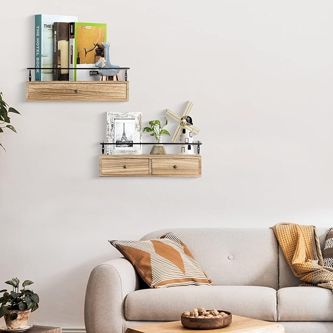 DreamPossible Floating Shelves - Wall Mounted Bathroom Shelf Set of 2 with Drawers, Rustic Wood Shelves for Bedroom, Living Room, Kitchen, Wall Decor, Plants, Books (Brown)