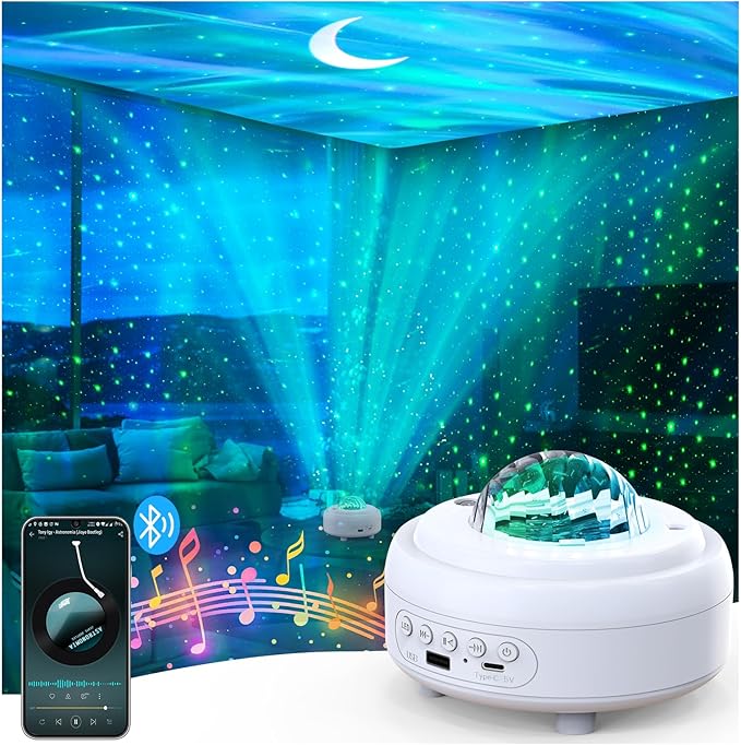 HUMIIEYE Galaxy Projector with Bluetooth Speaker, Night Light Star Projector for Bedroom, 8 Modes Northern Lights Aurora Projector with Moon, Mood Ambient Lighting for Kids Adults Room, Cord Powered