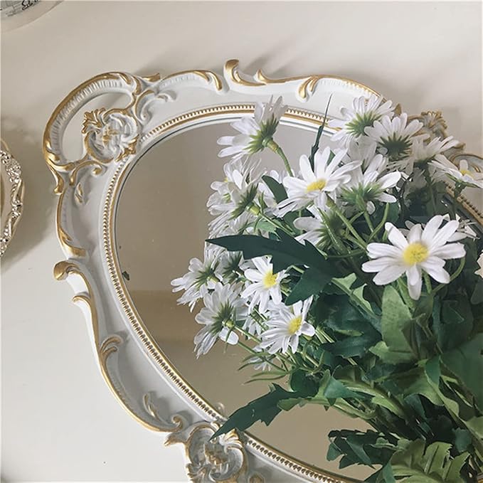 Schones Geschaft Decorative Mirror Tray, Makeup Jewelry Perfume Organizer, Vintage Oval Display and Serving Tray for Bedroom Living-Room Dresser Decor (14.6”x 9.8”) (White - Oval)