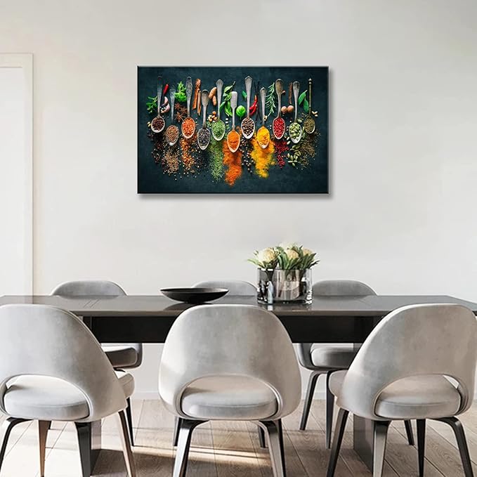 Framed Large Kitchen Wall art Pictures Decor Couful Spice in Spoon Vintage Canvas Wall Art Food Photos Painting On Canvas Home Decoration Gift Ready to Hang 24x36inch
