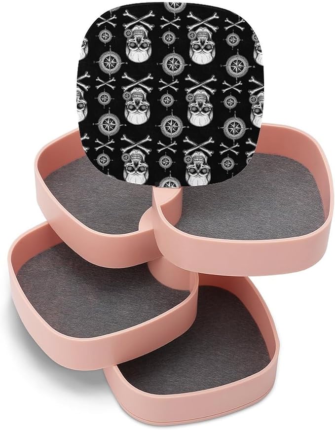 Earring Holder Organizer Jewelry Box with Mirror 3D Pirate Skull Black 4-Layer Rotatable Jewelry Storage Case for Women