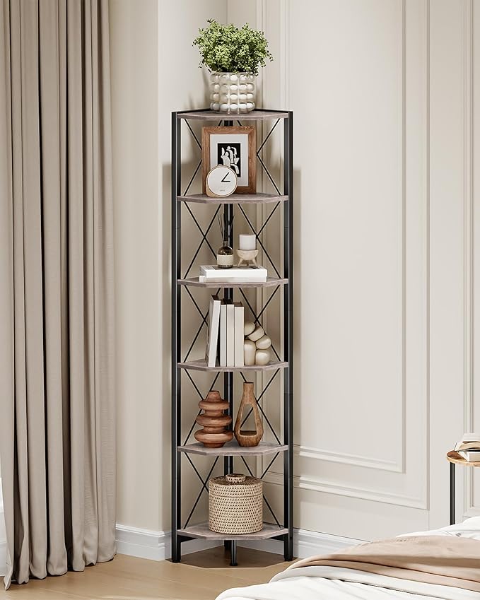 CHOEZON 6-Tier Corner Shelf, Corner Bookcase, 66.9" Tall Vertical Display Rack, Plant Stand, Open Storage Shelf, for Living Room, Bedroom, Study, Kitchen, Greige and Black TCJ13BG