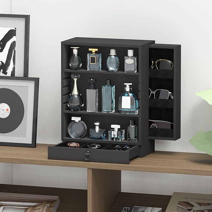Wooden Cologne Organizer for Men Sliding 4 Tiers of Standing Perfume Display Stand with Side & Under Double Drawers Large Storage Perfume Organizer Display Shelf Holder,Gift for Man (Classic Black)