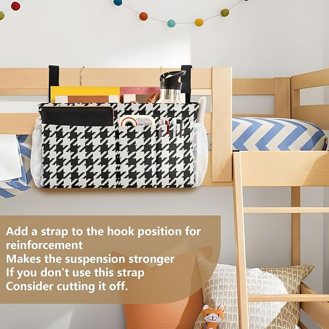 Classic Houndstooth Print Bedside Caddy Storage Bag Bedside Organizer for Bunk Bed Headboards College Organizer Caddy Hanging Shelf 6 Pockets with Hooks for Drinks Magazine Phone Holder