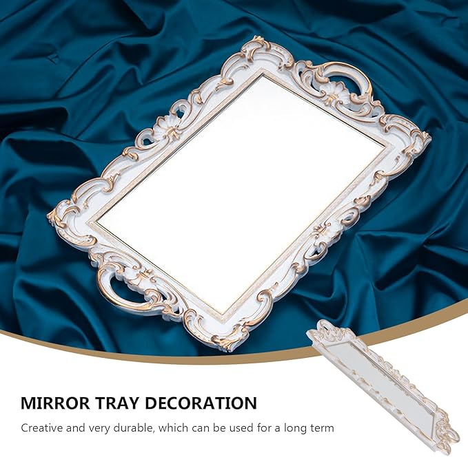Retro Decorative Mirror Tray for Jewelry and Perfume Storage, European Style Vintage Cosmetic Mirror Plate, White Rectangular Makeup Organizer for Vanity and Photography Props