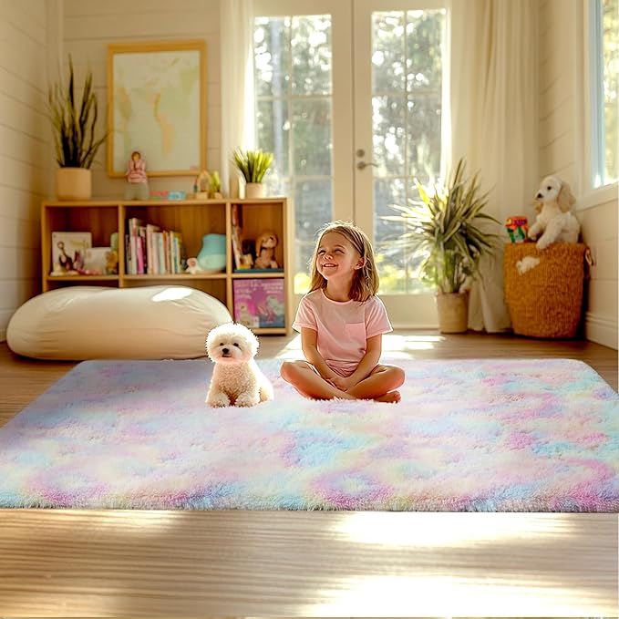 Rainbow Rug for Girls Bedroom: Fluffy Plush Rugs for Kids Room - Carpet for Bedroom Decor(5x7 Feet/Rainbow)