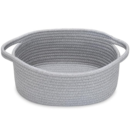 ABenkle Small Basket, 12"x 8" x 5" Cute Small Woven Basket, Rope Room Shelf Storage Basket, Cat Dog Toys Basket Chest Box, Decorative Empty Gift Basket with Handles - All Gray