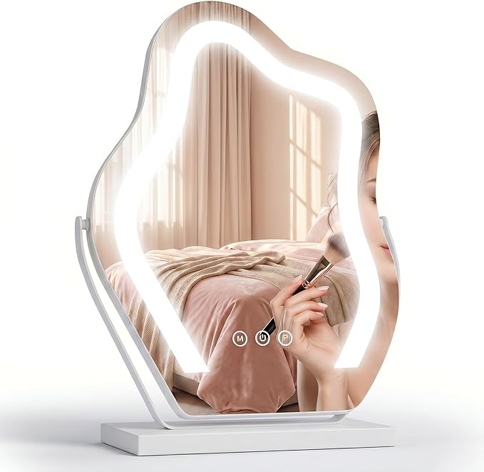Makeup Mirror with Lights - 17″ Cloud Shaped Smart Touch 3-Color Dimmable 360° Rotation Memory Metal Frame Plug-in AC Power Tabletop Vanity Mirror Gift for Women Teen Girls White