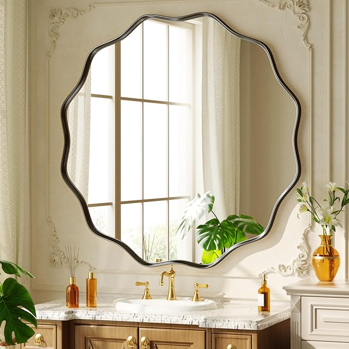 30 Inch Scalloped Round Wall Mirror, Black Wavy Edge Frame Circle Mirror for Bathroom, Bedroom, Entryway, Living Room for Wall Decor