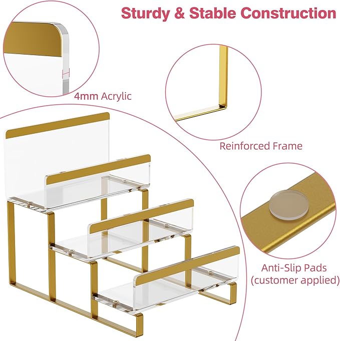 3-Layer Wallet Display Stand, Wide 2.75" Shelves Metal Clutch Holder, Purse Stand for Closet, Boutique Counter, Retail Store Display