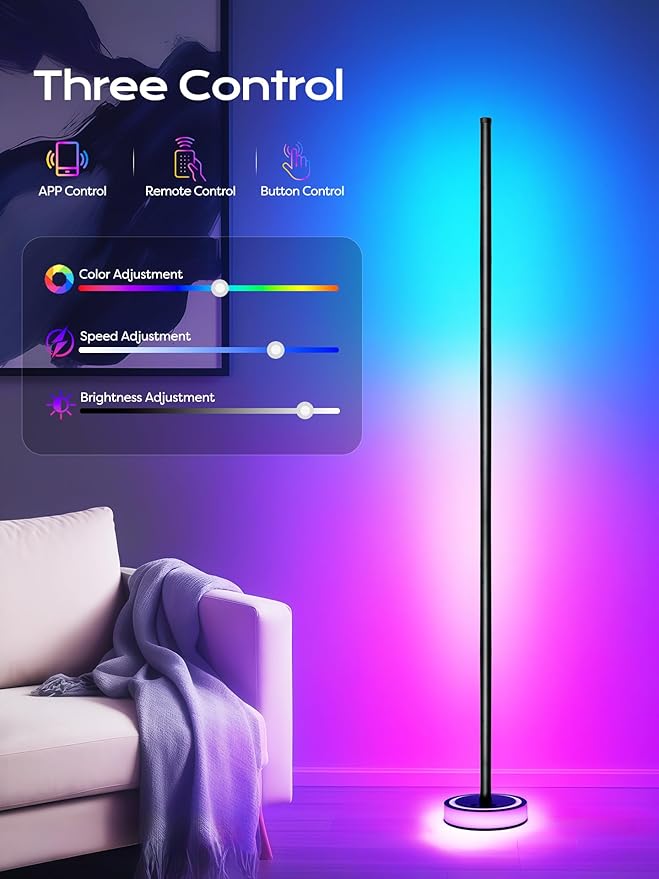 Smart Corner Floor Lamp, RGBICW LED Standing Lamp with App Control, 16 Million Colors with Music Sync, Dimmable Ambient Light for Bedroom, Living Room, Home Decor (Black)