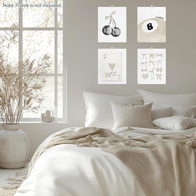 bakbrand Wall Art Minimalist Aesthetic Wall Decor Coquette Modern Canvas Decor Posters Trendy Preppy Bow Picture Print Painting for Bedroom/Living Room, Set of 4 Pcs Unframed (AC1, Beige, 8W x 10L)