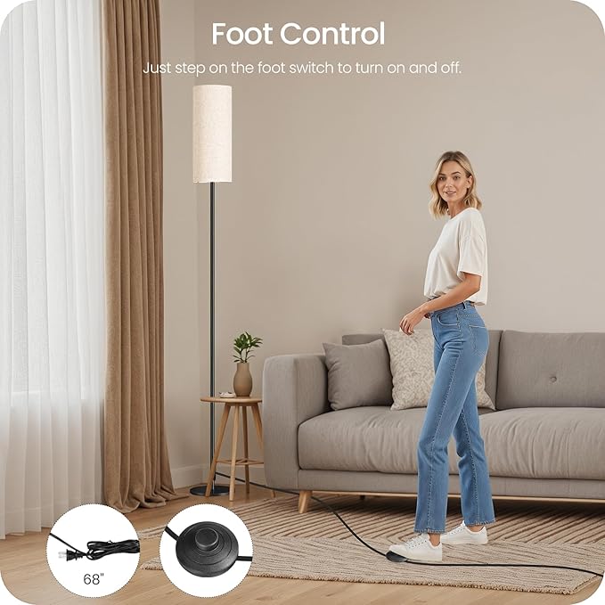 Set of 2 Dimmable Floor Lamps for Living Room with 2 Remotes and Foot Switch, 64.4”Modern Standing Tall Lamp, Corner Lamp for Bedroom, Bulb Included, 3000K-6500K, Beige Shade E06LDP205W1