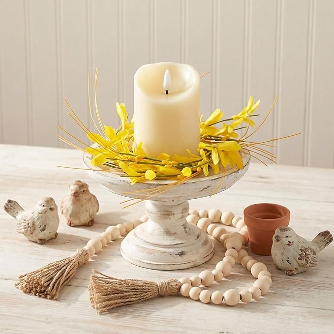 Daifunli 2 Pcs Spring Forsythia Candle Rings Artificial Forsythia Farmhouse Wreaths for Pillar 3.9 Inch Candles Holder for Spring Summer Rustic Table Centerpiece Decor