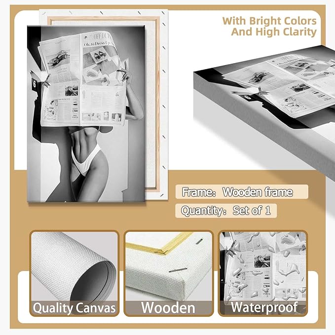Sexy Glamorous Newspaper Reader Poster Feminist Hot Girls Canvas Wall Art Retro Black And White Room Aesthetic Women Prints Painting For Home Bedroom Dorm Wall Decor 8x12in Framed
