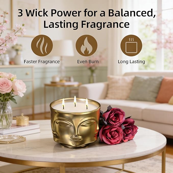 Viyffo 3 Wick Large 20oz Decorative Gold Scented Candle – Vanilla Dreamscape & Spring Spice, Non Toxic Soy Candle in Matte Ceramic Jar, Luxury Home Fragrance, Elegant Spring Décor & Unique Gift