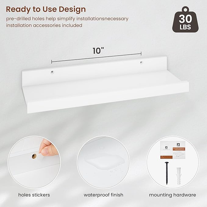 Axeman Picture Ledge Shelf | 16 Inch White Floating Shelves Set of 4 | Rustic Wood Wall Shelves with Lip | 16" Picture Shelves for Wall with Ledge | White Photo Shelves