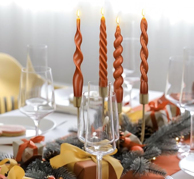 Nuanchu 4 Pcs Twisted Taper Candles Wax Unscented Smokeless Spiral Swirl Candlesticks for Wedding Holiday Dinner Party Home Decorations(7.87 Inch,Pure,Brown)