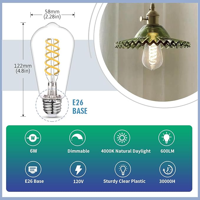 6-Pack Dimmable Vintage LED Edison Bulbs, E26 LED Bulb 60 Watt Equivalent, Neutral White 4000K, ST19/ST58 Antique Spiral Filament Decorative Light Bulb CRI 80.