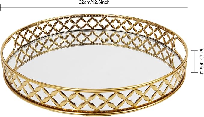 12.6 Inch Round Gold Mirrored Vanity Tray,Metal Mirror Decorative Jewelry Storage Tray,Perfume Makeup Organizer Trays for Dresser Bathroom Counter Home Decor