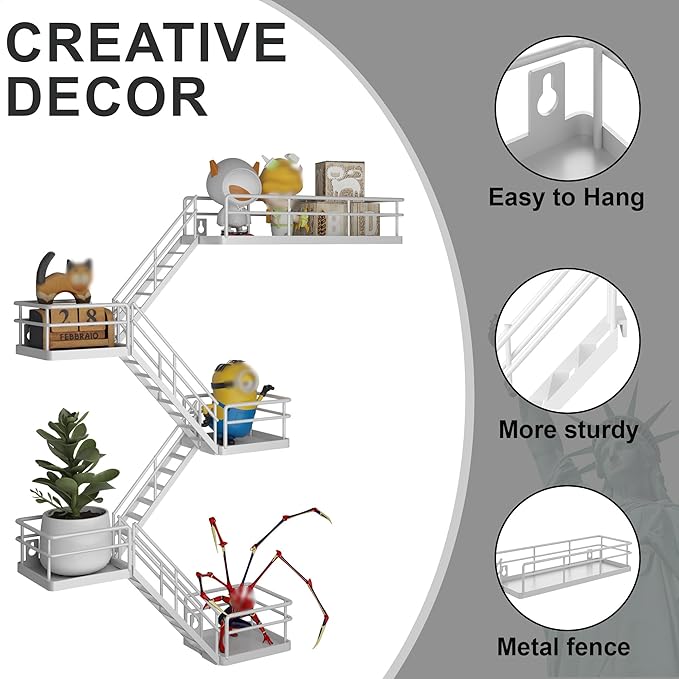 Fire Escape Shelf - 5 Tier Metal White Fire Escape Wall Shelves with Baskets, New York Action Figurine Display Shelf, Unique Rustic Floating Decorative Wall Shelves for Any Room