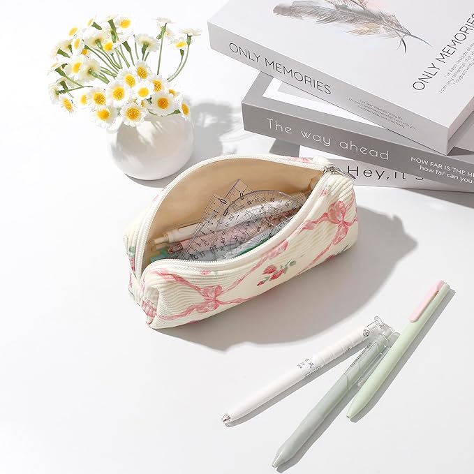Pencil Case Lightweight Aesthetic Pen Case Office College School Storage Bag Pouch Holder Box Organizer Makeup Pouch Cosmetic Bag for Girls Boys Kids (Flowers-Bow)
