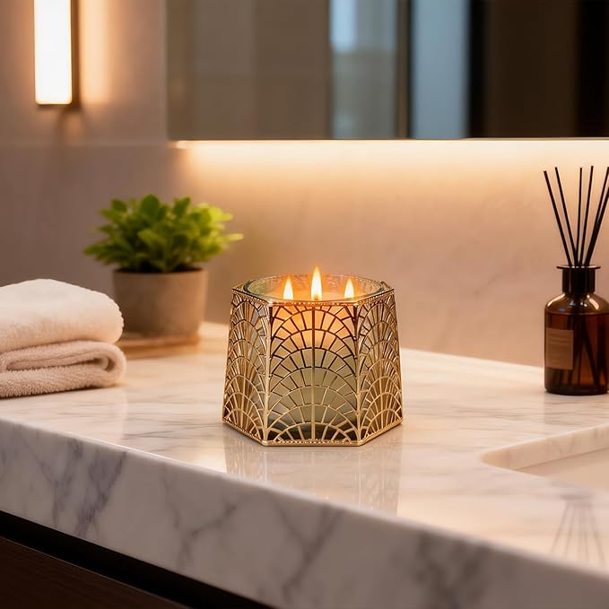 3 Wick Candle Holder, Golden Shell Design Candle Jar Holder for 4-Inch Diameter Jars (5.25" D x 3.5" H) (Golden)