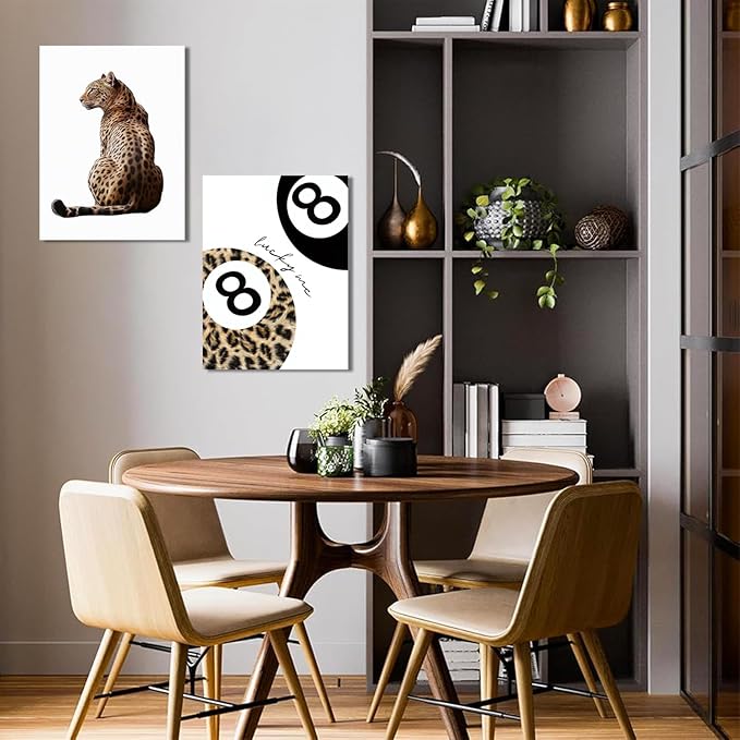 Trendy Leopard Canvas Wall Art Set of 3 - Cheetah Prints Wall Decor Pictures, Funky Lucky You 8 Ball Poster Preppy Aesthetic Paintings, for Girls Bedroom Dorm Apartment 16x24 inch Framed