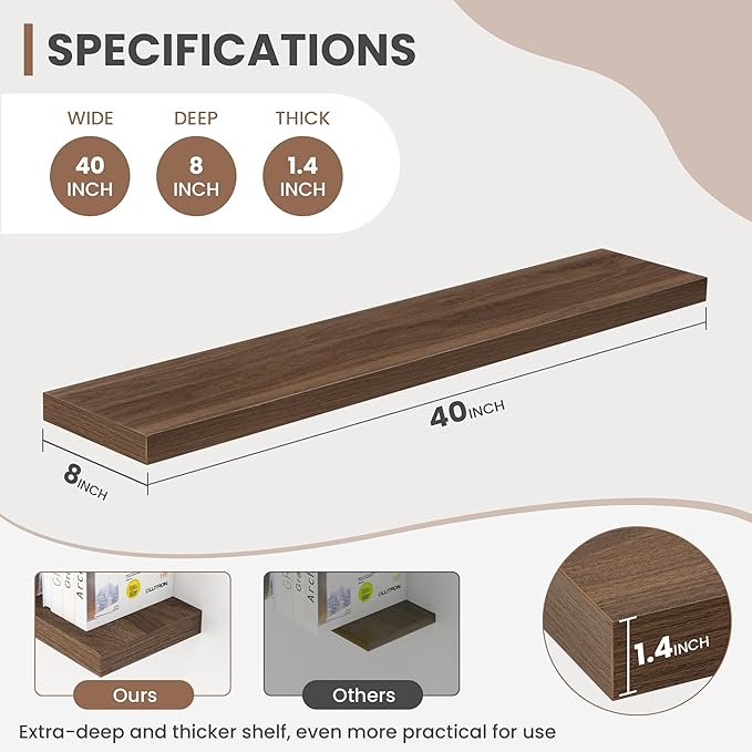 Acovy 40 Inch Floating Shelves, 8 Inch Deep Floating Shelves for Wall, Hanging Shelf with Invisible Brackets, Deep Shelves for Bathroom, Bedroom, Living Room, Walnut, Set of 2